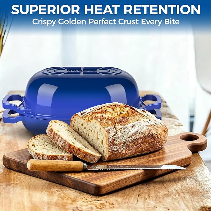 Enameled Cast Iron Dutch Oven Pot with Lid, Wildone 5.5QT Bread Oven for Homemade Sourdough Bread Baking with Cotton Potholders, Oven Safe up to 500°F, Blue