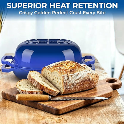 Enameled Cast Iron Dutch Oven Pot with Lid, Wildone 5.5QT Bread Oven for Homemade Sourdough Bread Baking with Cotton Potholders, Oven Safe up to 500°F, Blue