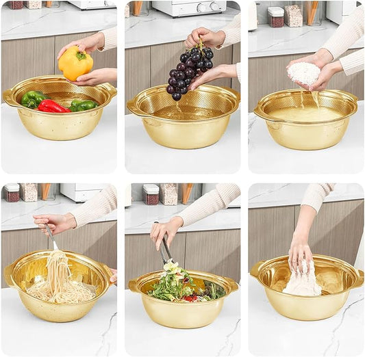 Paoli 304 Stainless Steel Fine Mesh Colander Set, 2QT Large Capacity Strainer with Mixing Bowl — Rinse Fruits, Veggies, Rice & Drain Pasta, Dishwasher Safe (2-Piece Gold)