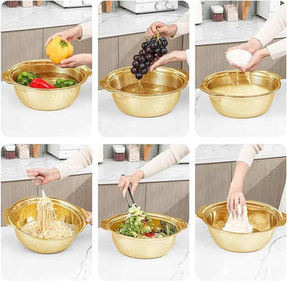 Paoli 304 Stainless Steel Fine Mesh Colander Set, 4QT Large Capacity Strainer with Mixing Bowl — Rinse Fruits, Veggies, Rice & Drain Pasta, Dishwasher Safe (2-Piece Gold)