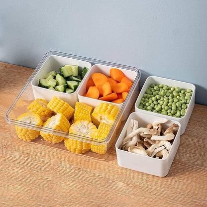 3Pack Snackle Box Divided Veggie Serving Tray with Lid Salad Keeper with 4 Removable Boxes Stackable Refrigerator Organizer Bins Produce Saver for Meal Prep Fruit Vegetable Lunch Meat