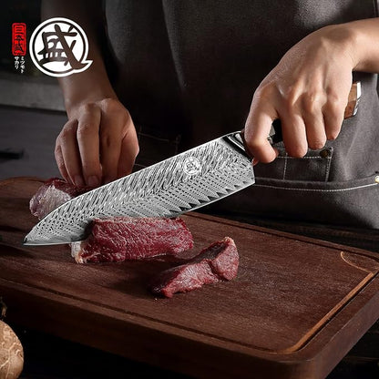 MITSUMOTO SAKARI 8.5-Inch Japanese Santoku Knife, VG-10 Damascus Steel | Wide Santoku blade for slicing, dicing and mincing, 67-layer VG-10 Damascus steel, maple wood handle, sandalwood box
