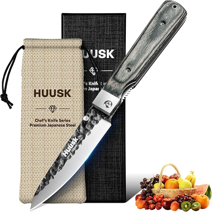 Huusk Japanese Folding Fruit Knife - Pocket Paring Knife with Ultra Sharp Blade - Hand Forged Kitchen Knives for BBQ, Camping and Travel - Gift for Men and Women