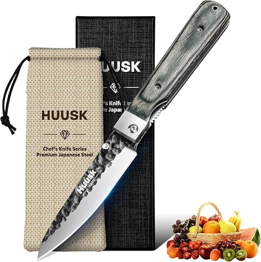 Huusk Japanese Folding Fruit Knife - Pocket Paring Knife with Ultra Sharp Blade - Hand Forged Kitchen Knives for BBQ, Camping and Travel - Gift for Men and Women