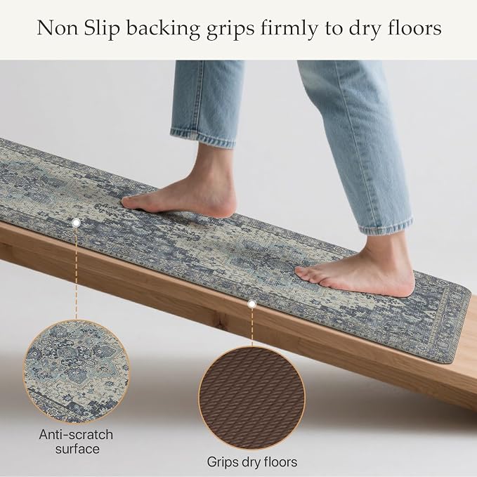 GENIMO Kitchen Mats for Floor 2PCs, Washable Anti Fatigue Mat for Cushioned, 17.3"x59"+17.3"x30", Waterproof Kitchen Rugs, Non Slip Comfort Standing Mat Rug for Home, Sink, Laundry, Center Blue