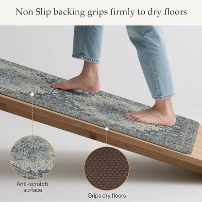 GENIMO Kitchen Mats for Floor 2PCs, Washable Anti Fatigue Mat for Cushioned, 17.3"x59"+17.3"x30", Waterproof Kitchen Rugs, Non Slip Comfort Standing Mat Rug for Home, Sink, Laundry, Center Blue