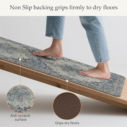 GENIMO Kitchen Mats for Floor 2PCs, Washable Anti Fatigue Mat for Cushioned, 17.3"x47"+17.3"x30", Waterproof Kitchen Rugs, Non Slip Comfort Standing Mat Rug for Home, Sink, Laundry, Center Blue