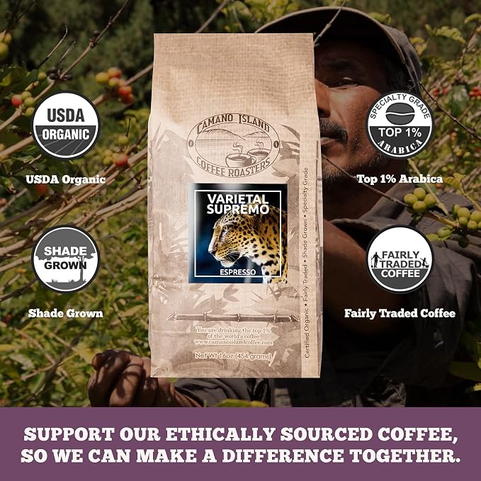 Camano Island Coffee Roasters Varietal Supremo Espresso Blend, Ground 1lb, Fresh Dark Roast, USDA Organic, Fairly Traded, Shade Grown Arabica, Chocolate, Caramel, Hint of Spice Flavor Profile
