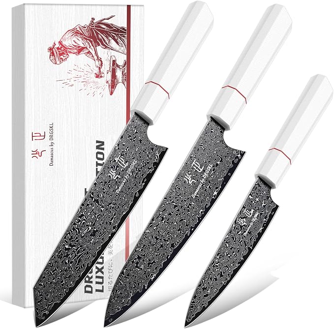DRGSKL Japanese Knife Set Damascus - VG10 Kitchen Knife Set 3 PCS for Fruit, Vegetables, Fish and Meat - Japanese G10 Handle - Gifts for Men and Women