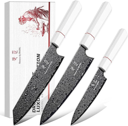 DRGSKL Japanese Knife Set Damascus - VG10 Kitchen Knife Set 3 PCS for Fruit, Vegetables, Fish and Meat - Japanese G10 Handle - Gifts for Men and Women