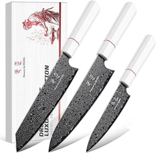 DRGSKL Japanese Knife Set Damascus - VG10 Kitchen Knife Set 3 PCS for Fruit, Vegetables, Fish and Meat - Japanese G10 Handle - Gifts for Men and Women