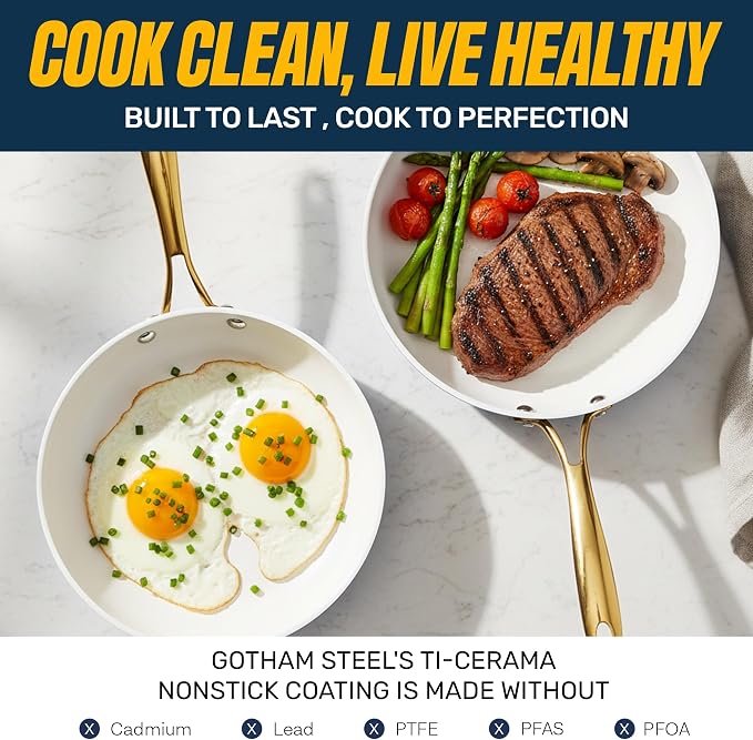 Gotham Steel 20pcs Pots and Pans Set Non Stick Ceramic Cookware Set with Deep Frying Pan Set & 6pc Knife Set, Improved Ti-Cerama Coating Made without PFOA PFOS Lasts 2x Longer, Oven & Dishwasher Safe