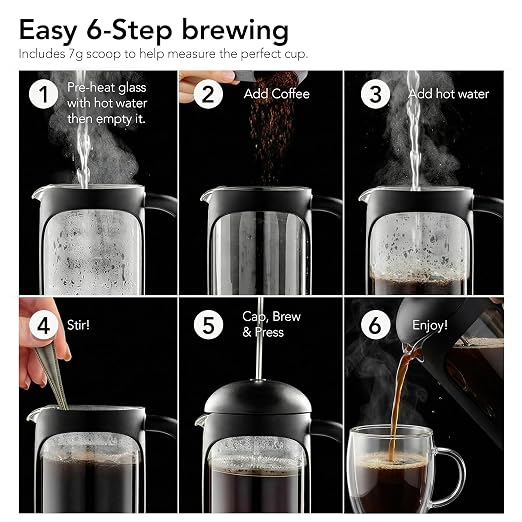 OVENTE French Press Coffee Maker 12 Ounce with Heat Resistant Borosilicate Glass & Stainless Steel 4-Level Filtration System, Portable Cold Brew Coffee Maker for Travel, Camping or Gift, Black FPB12B