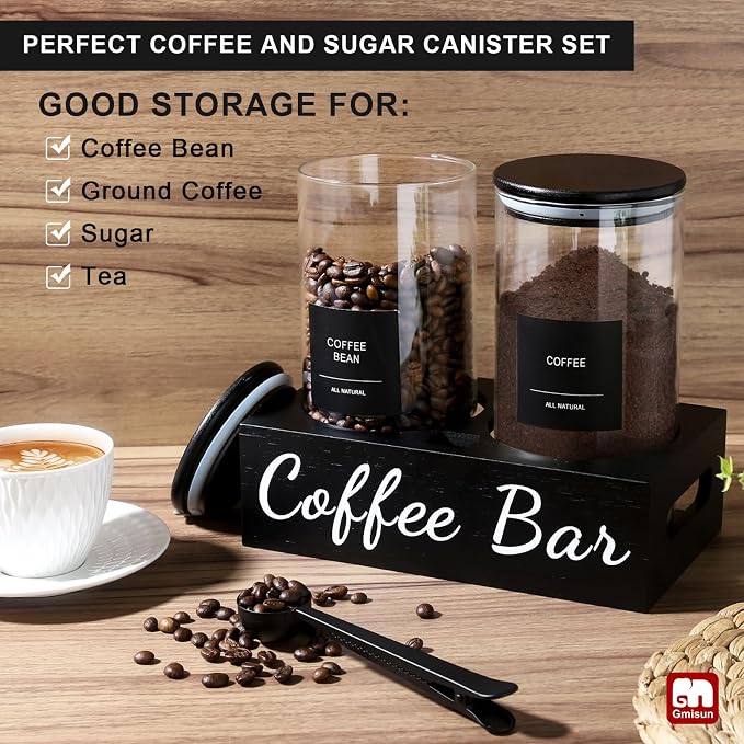 gmisun Coffee Container, 2 Pcs 50 Fl oz Airtight Bean Storage Canister, Black Glass Ground Coffee and Sugar Jar Set with Scoop/Shelf/Labels, Sugar/Tea Holder Containers for Cafe Bar Countertop