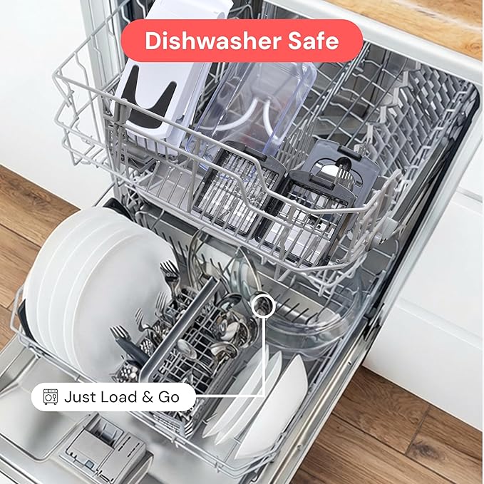 Dishwasher with dishes inside, labeled 'Dishwasher Safe' and 'Just Load & Go'.