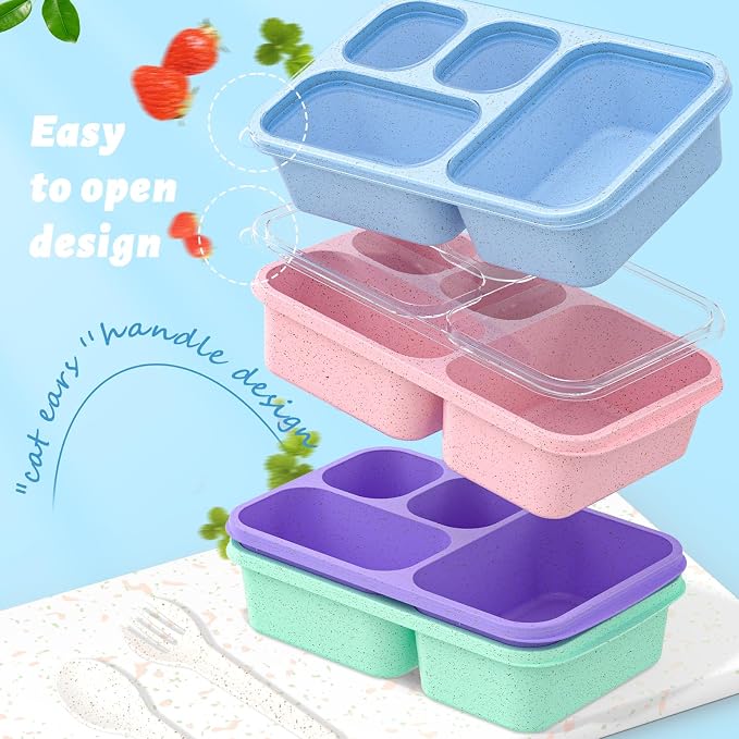 Bento Box 4-Pack 5-Compartment Meal Prep Containers, BPA-Free Plastic, Stackable Food Storage Lunch Boxes for Adults and Kids, School Work Travel (4 Colors)