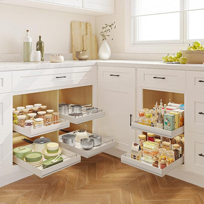 Mingling 2 Pack Pull Out Cabinet Organizer, Carbon Steel Heavy Duty Slide Out Drawer, 21" Deep White Adhesive Pull Out Drawers for Cabinets, Roll Out Shelves for Kitchen Organization, Pantry, Bathroom