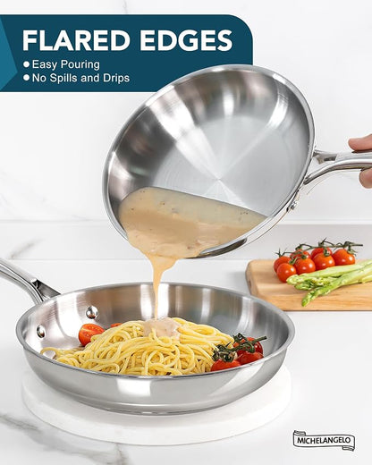 MICHELANGELO 18/10 Stainless Steel Frying Pan Set, 8" / 9.5" / 11" Cooking Pans, Triply Base Stainless Steel Pan Set with Ergonomic Handle, Induction Compatible