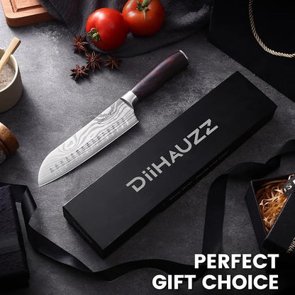 DiiHAUZZ Santoku Knife 7 Inch, Japanese Chef Knife with Ultra Sharp Hollow Edge, High Carbon Steel Forged Professional Kitchen Knives with Ergonomic Pakkawood Handle and Sheath, Gift Box