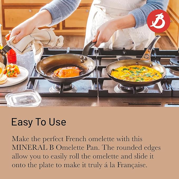 de Buyer MINERAL B Carbon Steel Omelette Pan - 9.5” Diameter, 7.7” Cooking Surface - Naturally Non-Stick Finish - Made in France