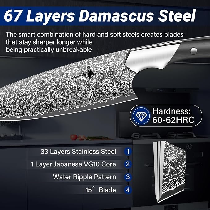 Golden Bird Damascus Chef Knife, 8 Inch Professional Japanese Kitchen Knife,Sharp High Carbon Stainless Steel VG10 Chef’s Knives For Meat Cutting,Hand Forged Cooking Knives with Gifts for Men