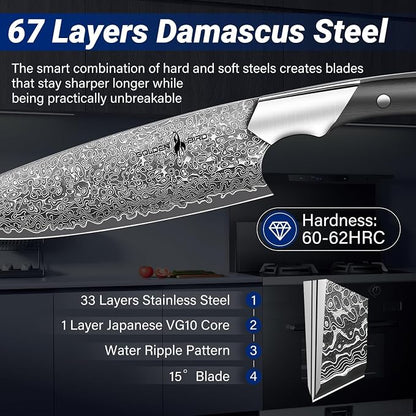 Golden Bird Damascus Chef Knife, 8 Inch Professional Japanese Kitchen Knife,Sharp High Carbon Stainless Steel VG10 Chef’s Knives For Meat Cutting,Hand Forged Cooking Knives with Gifts for Men