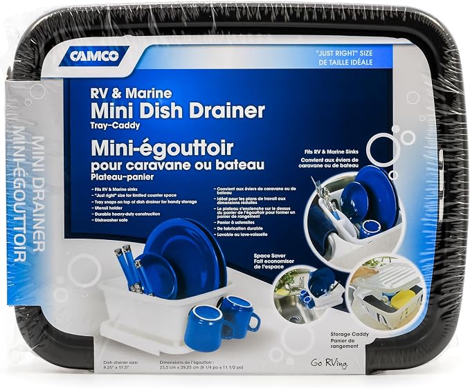 Camco RV Mini Dish Drainer & Tray - Features a Sloped Drain Tray Design, Heavy-Duty Construction - Ideal for Small Spaces, Apartments, Boats, and More -9.5"L x 11.7"W x 4.75"H - Black (43512)