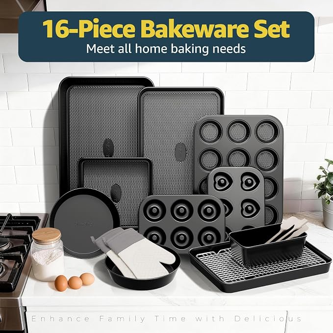 16-Piece Baking Pan Set, Nonstick Bakeware Set with Rack, Oven Mitts, Donut Pan, and Heart Pan, Stackable Carbon Steel Baking Set with Kitchen Utensils, Black