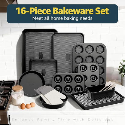 16-Piece Baking Pan Set, Nonstick Bakeware Set with Rack, Oven Mitts, Donut Pan, and Heart Pan, Stackable Carbon Steel Baking Set with Kitchen Utensils, Black
