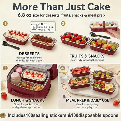 YQER 100 Pack Red Mini Cake Pans with Lids and Spoons, 6.8 oz Disposable Aluminum Foil Mini Loaf Pans with Stickers, Individual Dessert Cake Tins Containers for Valentine Gifts, Holidays, Parties