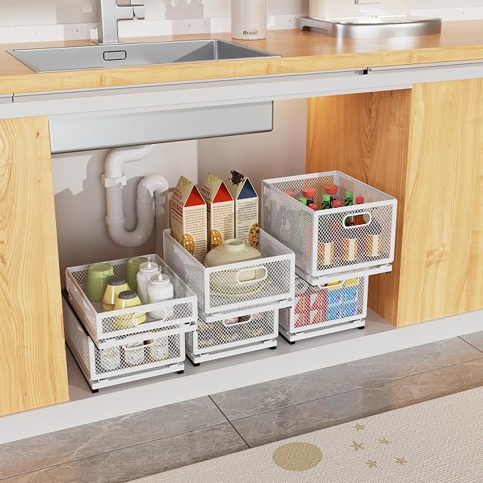 Pull Out Cabinet Organizer, Slide Out Drawers Fixed with Adhesive Nano Film, Pantry Shelves Sliding Drawer Storage Organization for Kitchen/Bathroom/Bedroom (11.8*9.4*6.1inch/30*24*15.5cm)