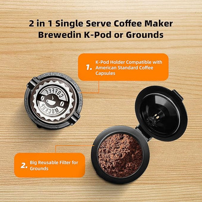 Horavie Mini Single Serve Coffee Maker for K-Cup Pod and Ground Coffee, Fast Brew One Cup Coffee Machine with Descaling Reminder and Viewing Tank, 6 to 12 oz. Brew Sizes, White