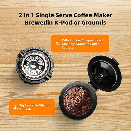 Horavie Mini Single Serve Coffee Maker for K Cup Pods and Ground Coffee, Fast Brew One Cup Coffee Machine with Descaling Reminder and Water Window, 6 to 12 oz. Brew Sizes, Gray