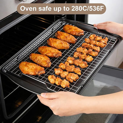 Baking Sheet with Rack Set, Carbon Steel Cookie Sheets for Baking, Multipurpose Cooking Sheet Pan, Cooling Rack, Nonstick Baking Pans, Dishwasher Safe, Size 17 x 12 x 0.8 Inches
