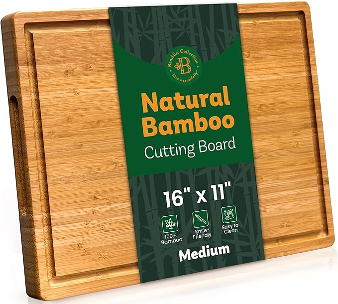 Bambüsi Large 16 Inch Bamboo Cutting Board with Juice Groove and Handles - Heavy Duty Butcher Block for Kitchen, Meat, Cheese, Vegetables, Food Prep and Serving