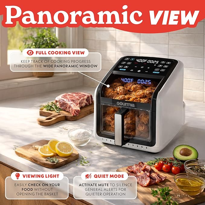 Gourmia Air Fryer 7 QT - Easy View Panorama Window & Interior Light, Guided Cooking with 12 One-Touch Presets, FryForce 360, Dishwasher Safe Accessories, White