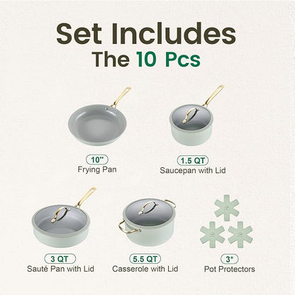 Chef Power Ceramic Cookware Sets, 10Pcs Pots and Pans Set Non Stick, Cookware Set with Stainless Steel Handle, Dishwasher & Oven Safe, Sage Green and Granite Grey