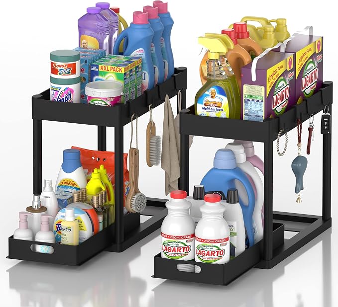 2pcs Under Sink Organizer Kitchen Bathroom Storage Cabinet 2 tier Sliding Drawer Counter Organization Shelf Storage Drawers Rack with Pull Out Basket and Hooks Black