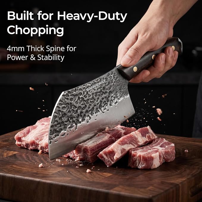 Hand Forged Butcher Knife Set, 7" Meat Cleaver + 8" Chef Knife + 6" Viking Knife, Full Tang High Carbon Steel, Wooden Handle, Whetstone, Durable for Meat Cutting, BBQ and Outdoor Cooking