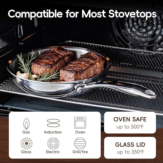SuperCook Tri-Ply Clad Stainless Steel Frying Pan 8 Inch, Stainless Clad Frying Pan, Skillet Pan, Non-Toxic, Multiclad, Induction Oven Compatible, Dishwasher Safe