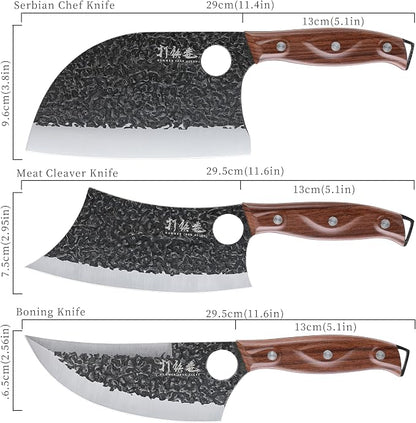 3PCS Butcher Knife Set, 7" Butcher Meat Cleaver, 7" Serbian Chef Knife and 6.5" Viking Knife, Hand Forged Kitchen Knife Set with Plastic Handle, Geat for Home, Camping, BBQ (Unique Finger Hole Design)