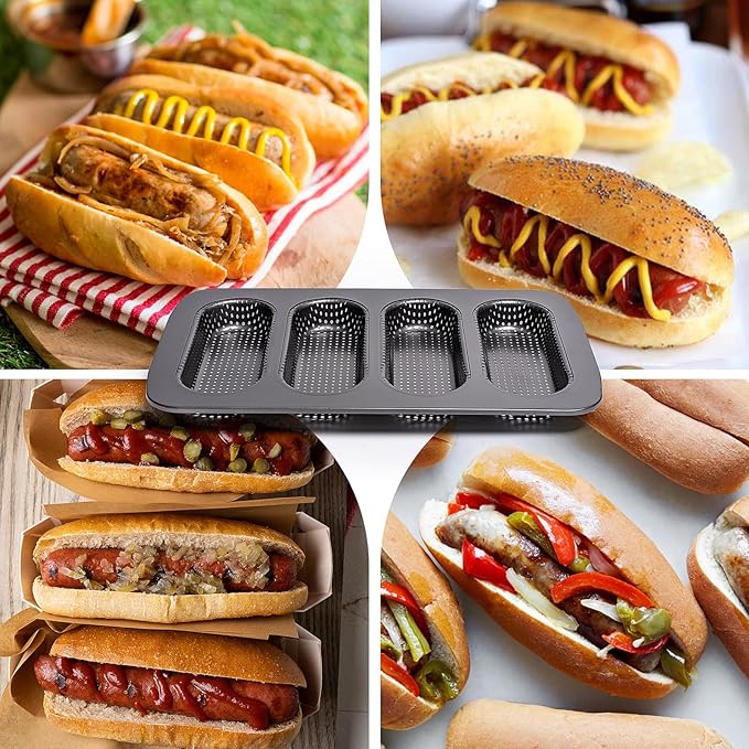 Yomvzake Hot Dot Bun Pan Set of 2, Perforated Carbon Steel Non-Stick Hotdog Bun Mold Bread Forms Crispy Mini Baguette Sandwich Baking Tray for Hot Dog Bun Rolls