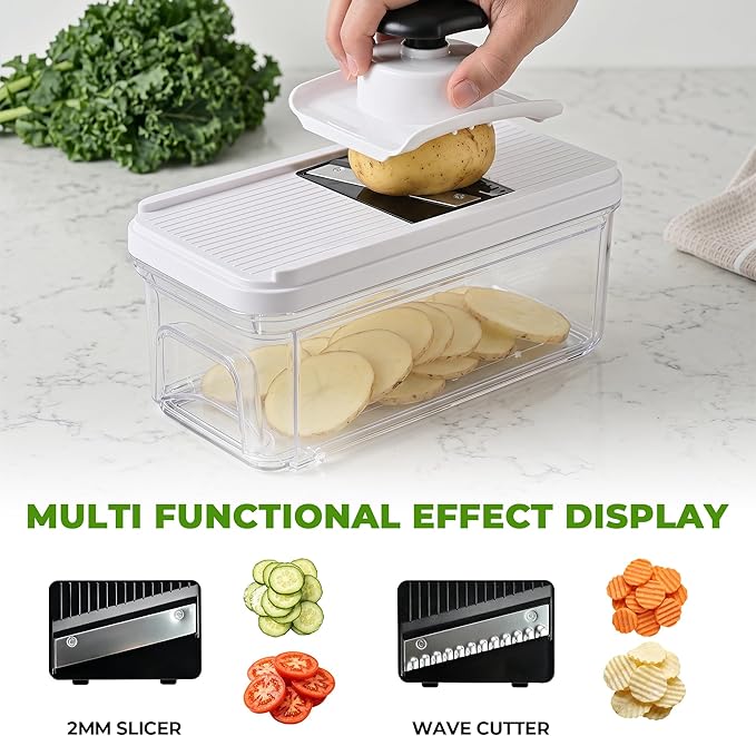 SUSTEAS Kitchen Vegetable Chopper and Mandolin Slicer, Vegetable Cutter with Pull-Out Container, Multifunctional Chopper for Onion, Potato, Food and Fruit, Essentials Kitchen Gadgets (7-in-1, White)