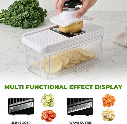 SUSTEAS Kitchen Vegetable Chopper and Mandolin Slicer, Vegetable Cutter with Pull-Out Container, Multifunctional Chopper for Onion, Potato, Food and Fruit, Essentials Kitchen Gadgets (7-in-1, White)
