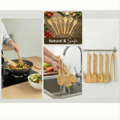 Bamboo Cooking Utensils 8-Piece, Wooden Kitchen Tools with Holder, Non-Toxic Natural Spatula & Spoon Kit with Turner, Slotted Spoon, Ladle, Tongs & Salad Fork