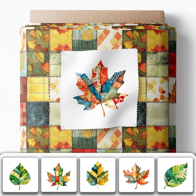 Autumn Leaf Patchwork Cotton Fabric Panel – 6 Designs (10×10 inch Each) + Bonus Sheet 29.5×19.6 inch, 100% Cotton 140 GSM, Made in Türkiye