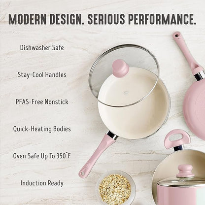 GreenLife 2 Quart Nonstick Saucepan with Lid, Non-Toxic Ceramic Pot, Dishwasher Safe, Stay-Cool Handle, Induction Ready, Fast Heating, PFAS Free, Easy Clean, Blush Pink