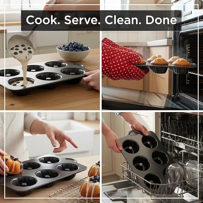Wrenbury Nonstick Mini Buntz Cake Pan Non Stick for Baking Fluted Cake Tin | 6 Cup Bundlette Tray for Small Cakes - PFOA Free and Dishwasher Safe - 3.75” Cup Width