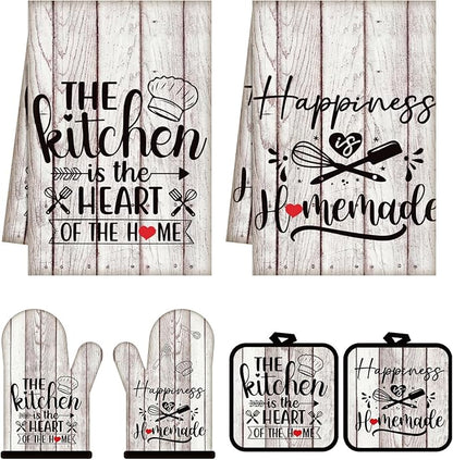 Sratte 6 Pcs Kitchen Decor Accessories Set Farmhouse Towels Pot Holders Oven Mitts Set 2 Dish Towels 2 Potholders 2 Cooking Mittens Oven Glove for Christmas Baking Cooking(White Wood Grain)