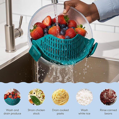 Anyday Silicone Clip On Strainer for Pots and Pans & Glass Dishes | Pot Strainer Silicone, Universal Clip On Pasta Strainer for Meat, Rice, & Vegetables (Black Sesame)